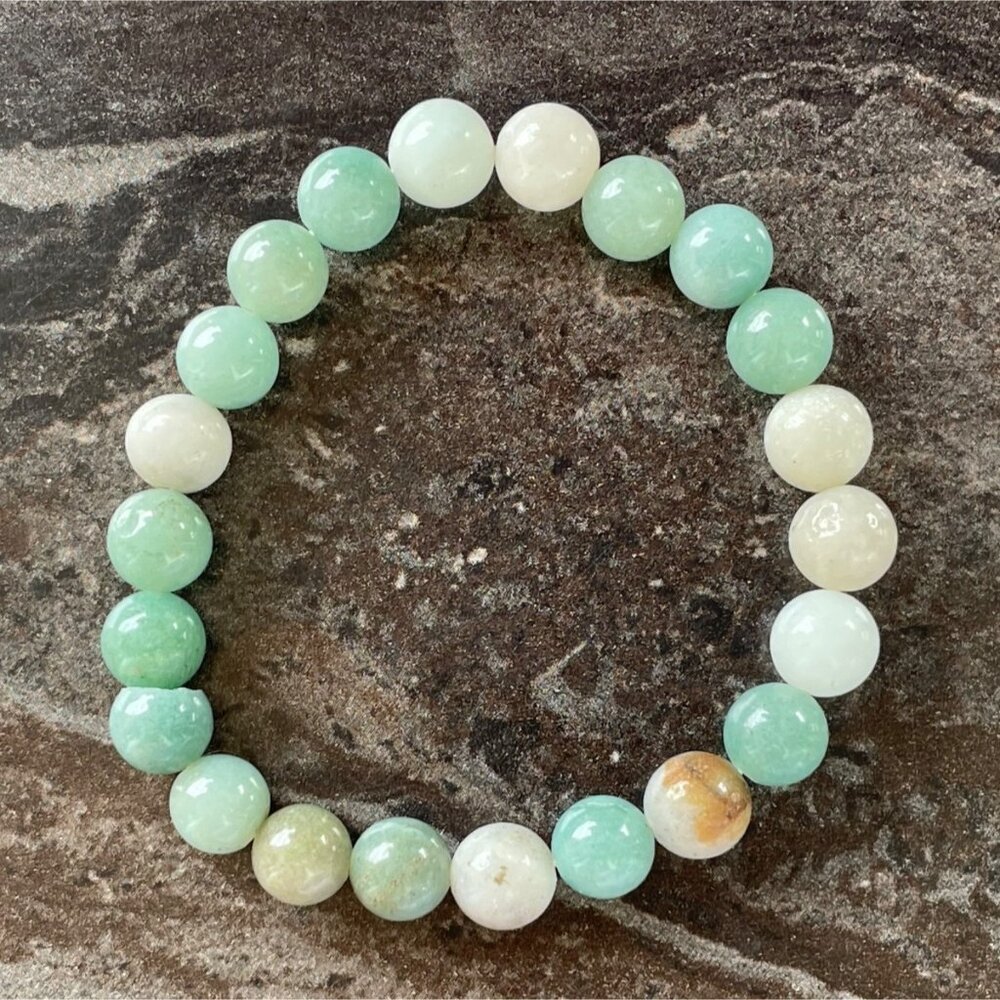 Natural Stone Amazonite Beaded Elastic Bracelet 7.5" 8mm Green & White Gemstone